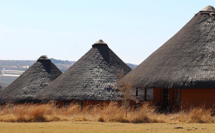 African huts lined up in a field