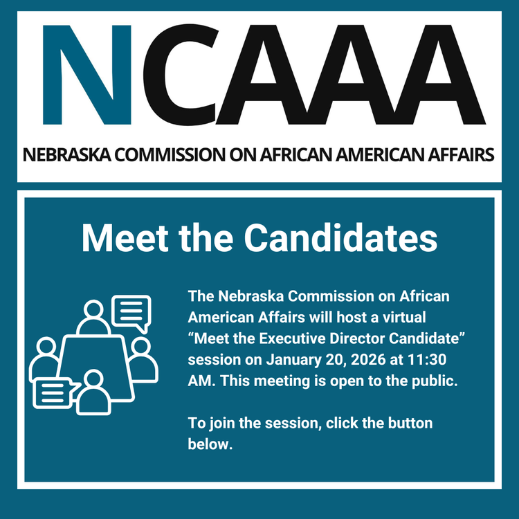 An image with the letters NCAAA at the top, which stands for Nebraska Commission on African American Affairs. Below is an announcement with a graphic of people seated around a table and text that reads: