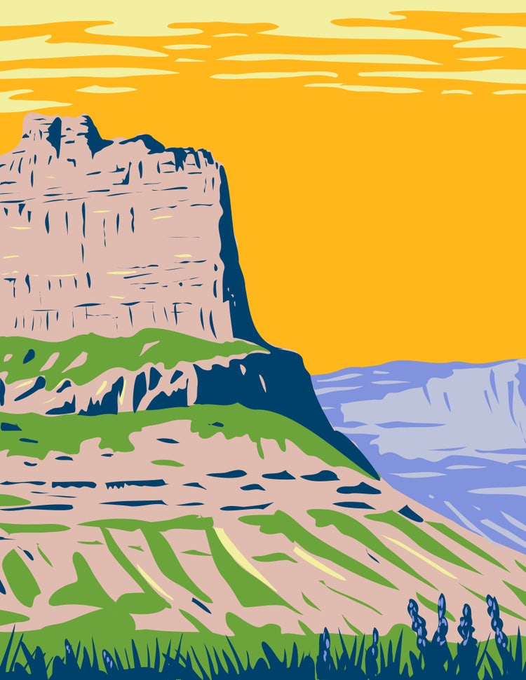 A retro travel poster illustration of Scotts Bluff National Monument in Nebraska, showcasing the prominent rock formation against a vibrant yellow and orange sky with soft purple hills in the background