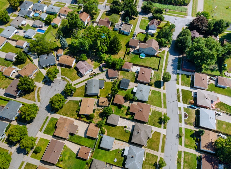 a birds eye view of a suburban neighborhood